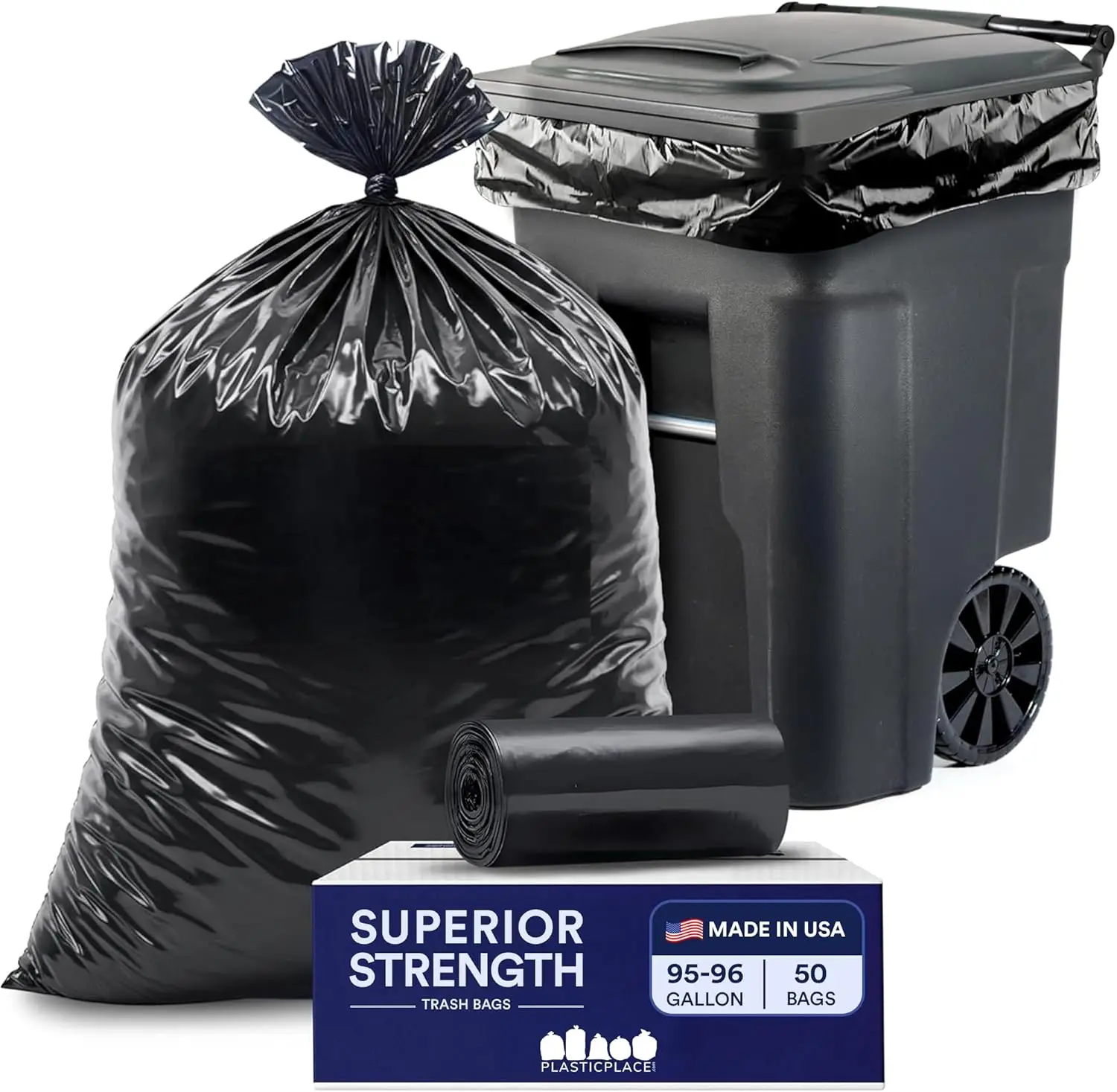 

Heavy Duty 95-96 Gallon Trash Bags, Puncture-Resistant, Fits Rollaway Cans & Drums, 50 Count