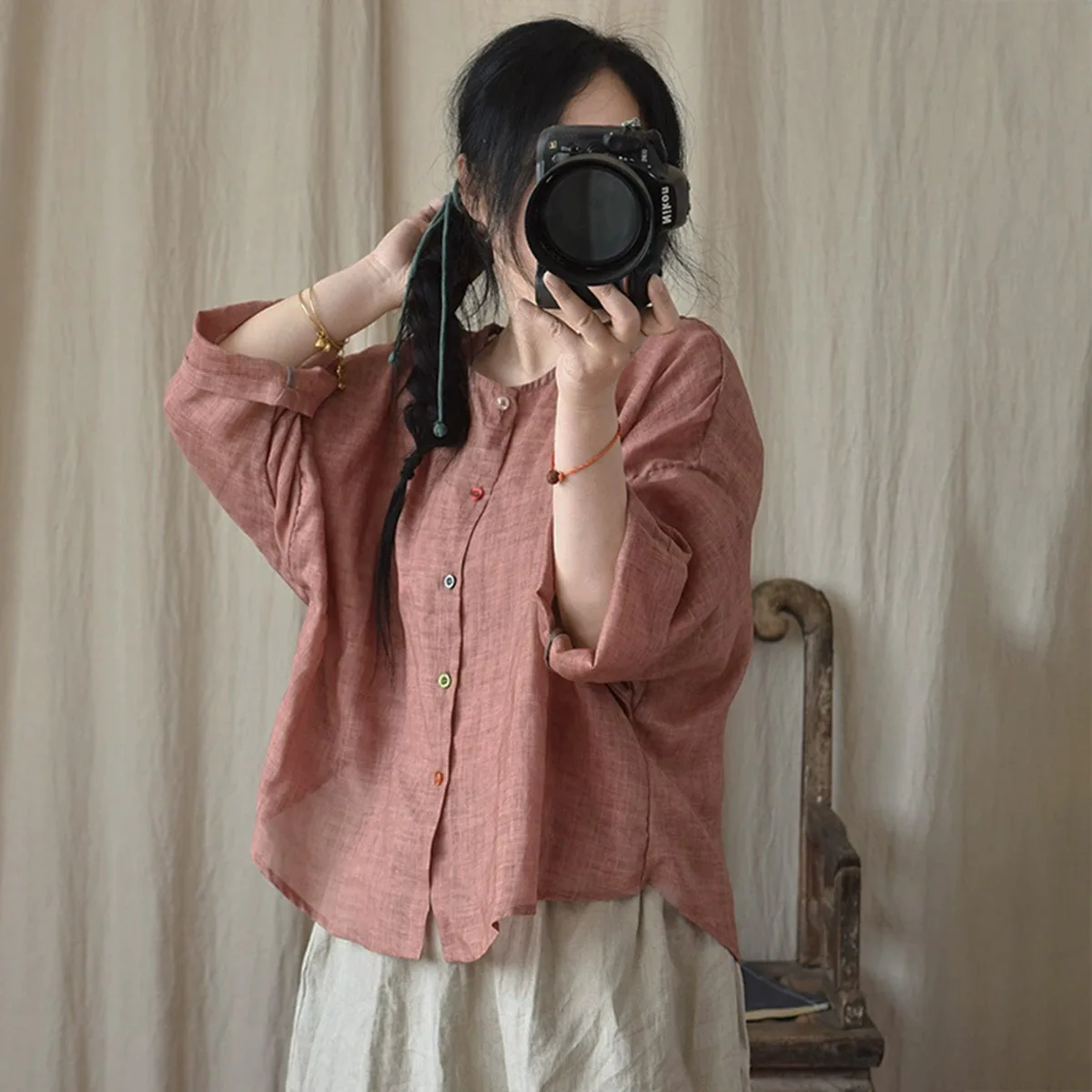 Mulheres verão leve sheer botão camisa manga longa cardigan ramie retro em torno do pescoço solto curto topos blusa alta e baixa