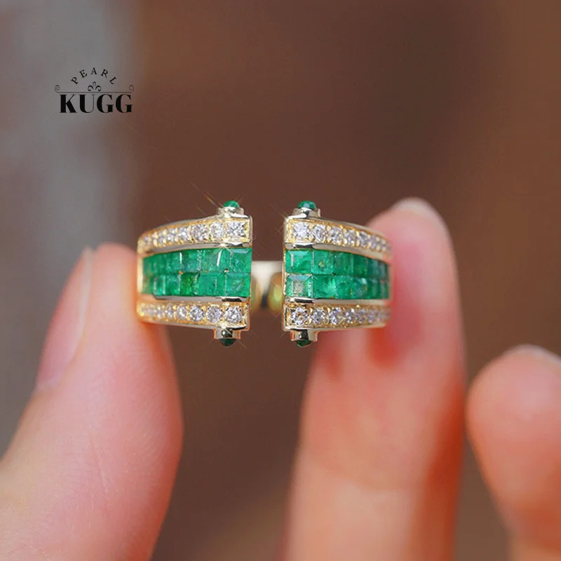 

KUGG 100% 18K Yellow Gold Rings Fashion Ethnic Style Real Natural Diamond Natural Emerald Ring for Women High Party Jewelry