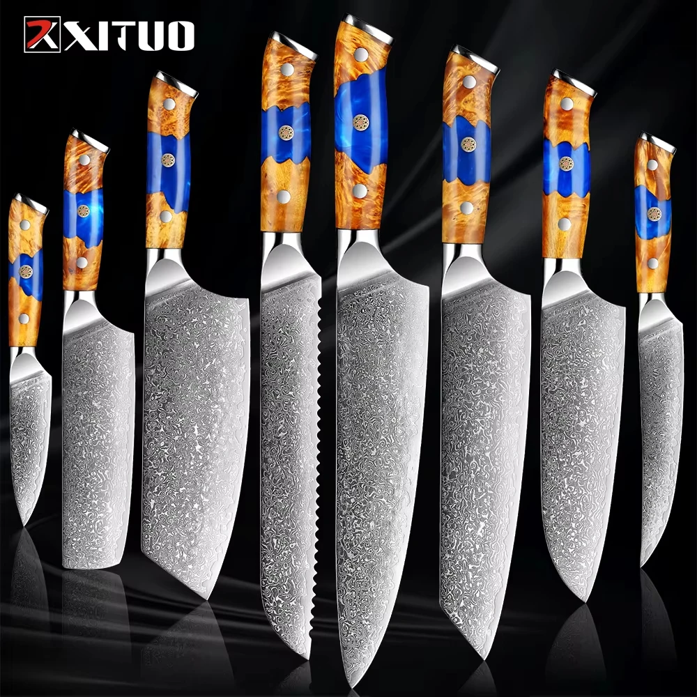 

XITUO Damascus Steel Knife 67 Layers Japanese VG10 Chef's Knives Kitchen Slicing Nakiri Bread Santoku Paring Blue Resin Handle