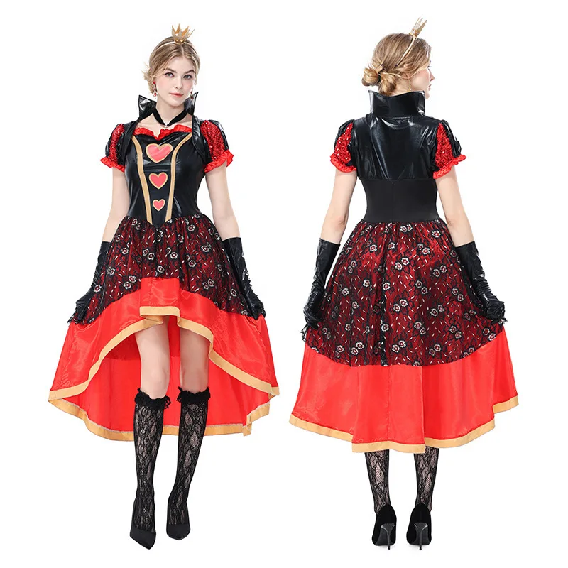 Disfraz de Reina de Corazones para Mujer, Vestido Rojo y Negro Asimétrico de Alicia en el País de las Maravillas, Disfraz de Halloween con Mini Corona