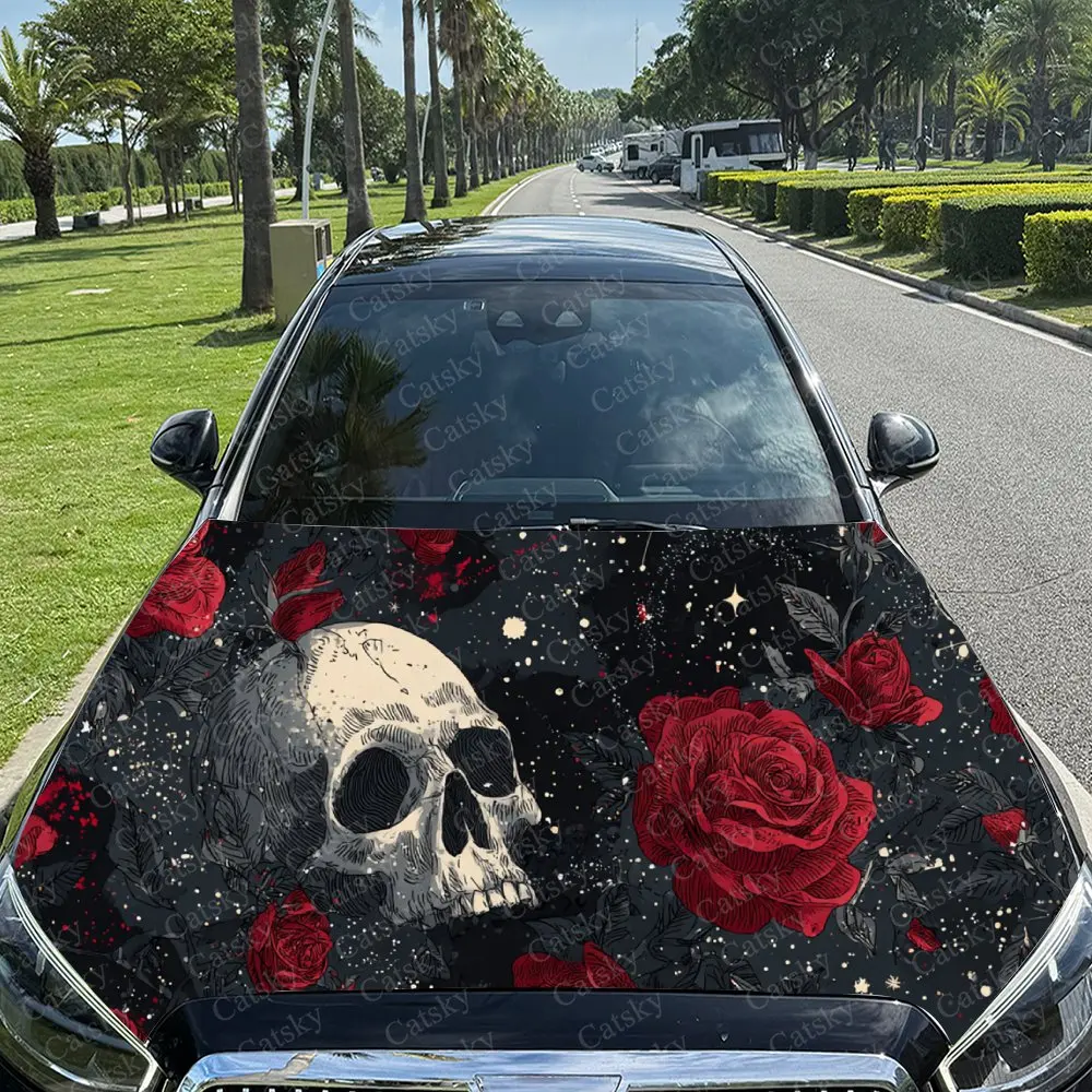 Car Decal Dark Gothic Design with Skull, Red Roses and Golden Splatters Car Hood Sticker, Waterproof Self - Adhesive PVC Graphic