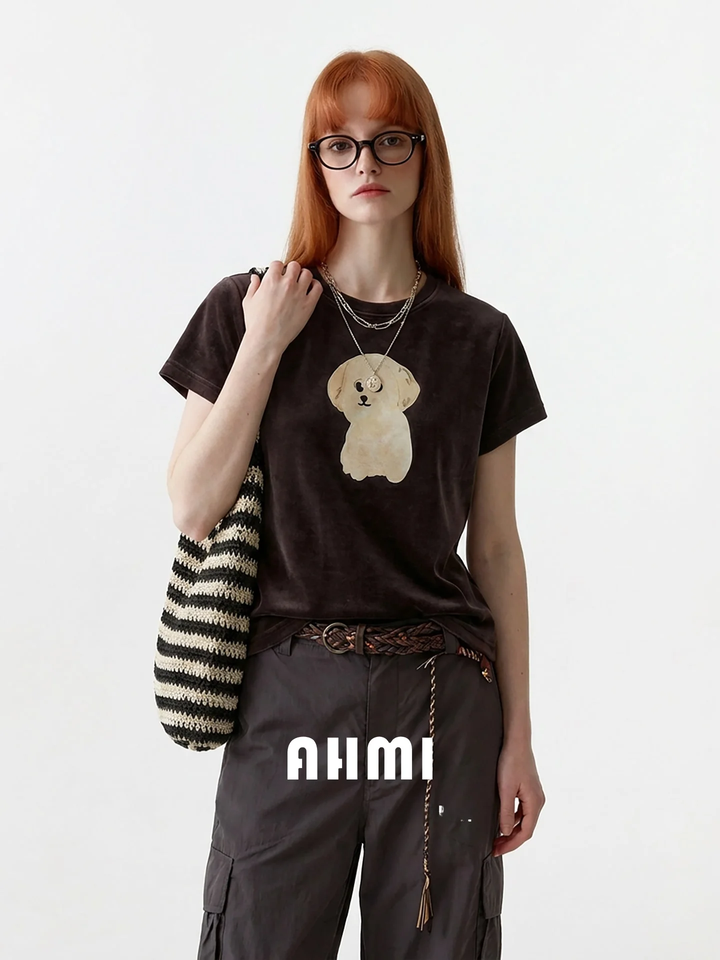 

Летняя повседневная свободная футболка AHMI с коротким рукавом для женщин, черная, с принтом собаки, дышащая, удобная, универсальная, для отдыха