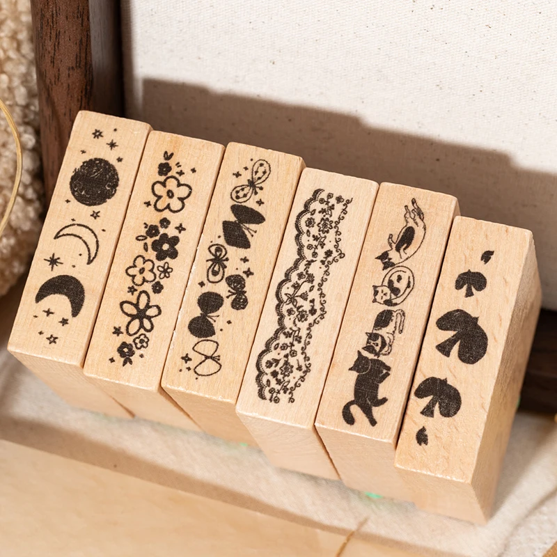 Vintage Striation Wooden Stamp for Card Making Scrapbooking DIY Stamping with Birds Cats Flower Moon Lace Pattern