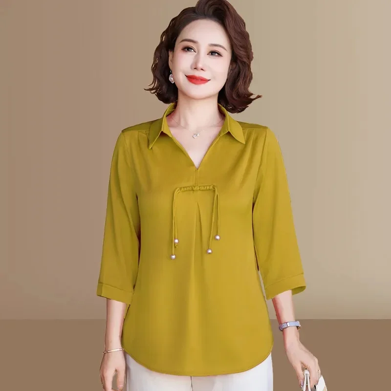 2025 Femme Large Size 5XL Blaus Summer Middle Aged Mother Solid Color T-shirt Korean Women Seven Points Sleeve Loose Shirt Coat