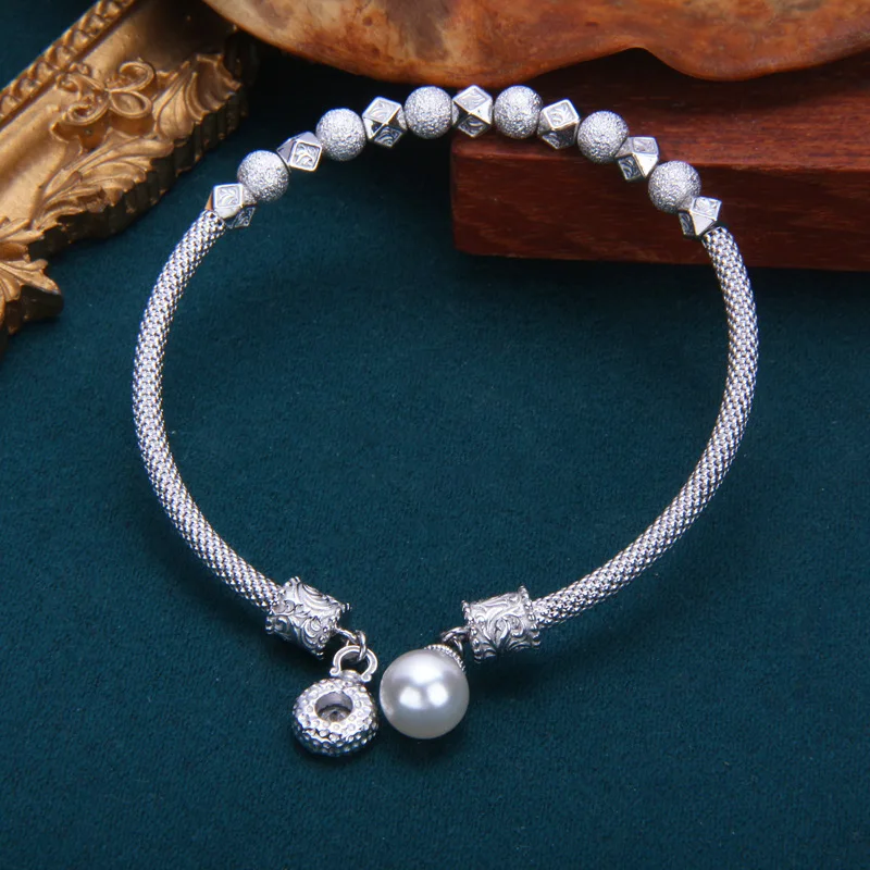 S925 Sterling Silver Beads Cuff Bangle Women Simple Style Adjustable Free Size Matt Rotatable Charm Fine Jewelry FYRNG093