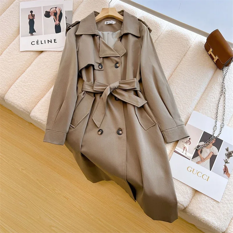 

Spring Autumn Double-breasted Mid-Length Women Windbreaker With Belt Khaki Black Casual Lapel Long Sleeve Trench Coat Female New
