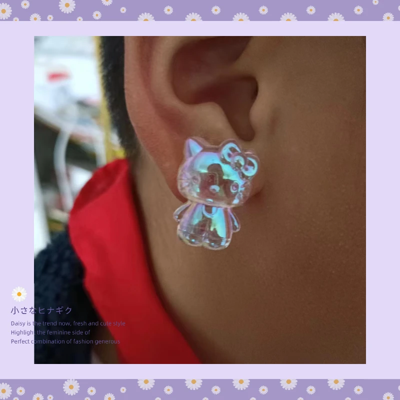 

Hello Kitty Earrings Cute Cartoon Laser Colorful Resin Earrings Girls Cosplay Dress Up Korean Style Earrings