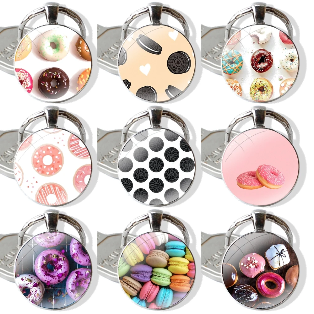 Keychain Handmade Glass Cabochon Key Ring Holder Pendant Key Chains Donuts Cookie Biscuit