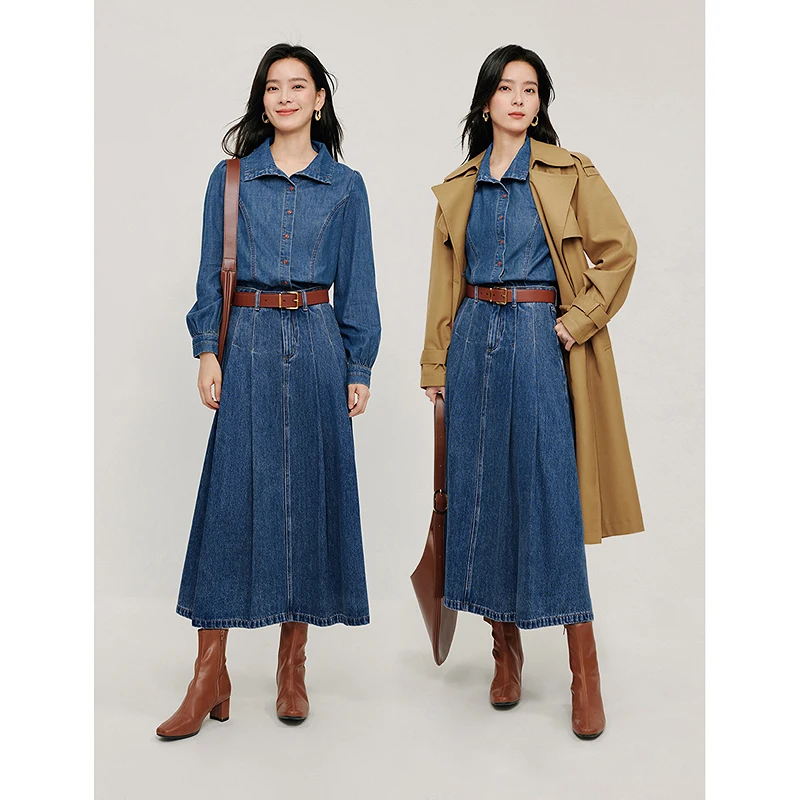 INMAN 2024 autumnwinter commuter Denim dress women\'s dresses bubble sleeve slimming A-line long skirt（with one free belt）