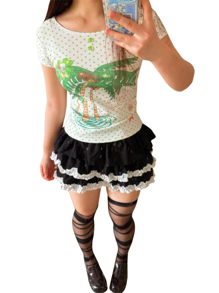 Harajuku Y2k Tree Sea Letters Printed Short Sleeve T-Shirt Women Clothes Vintage Streetwear 2000s Summer Sweet Girl Tops Tee