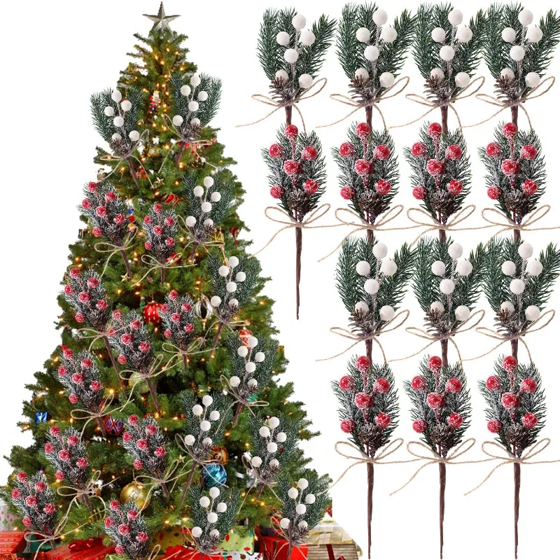 الصنوبر الاصطناعي المخروط عيد الميلاد الأبيض الأحمر فروع التوت الثلج توافدوا هولي الجذعية عيد الميلاد الحلي السنة الجديدة ديكور الحفلات