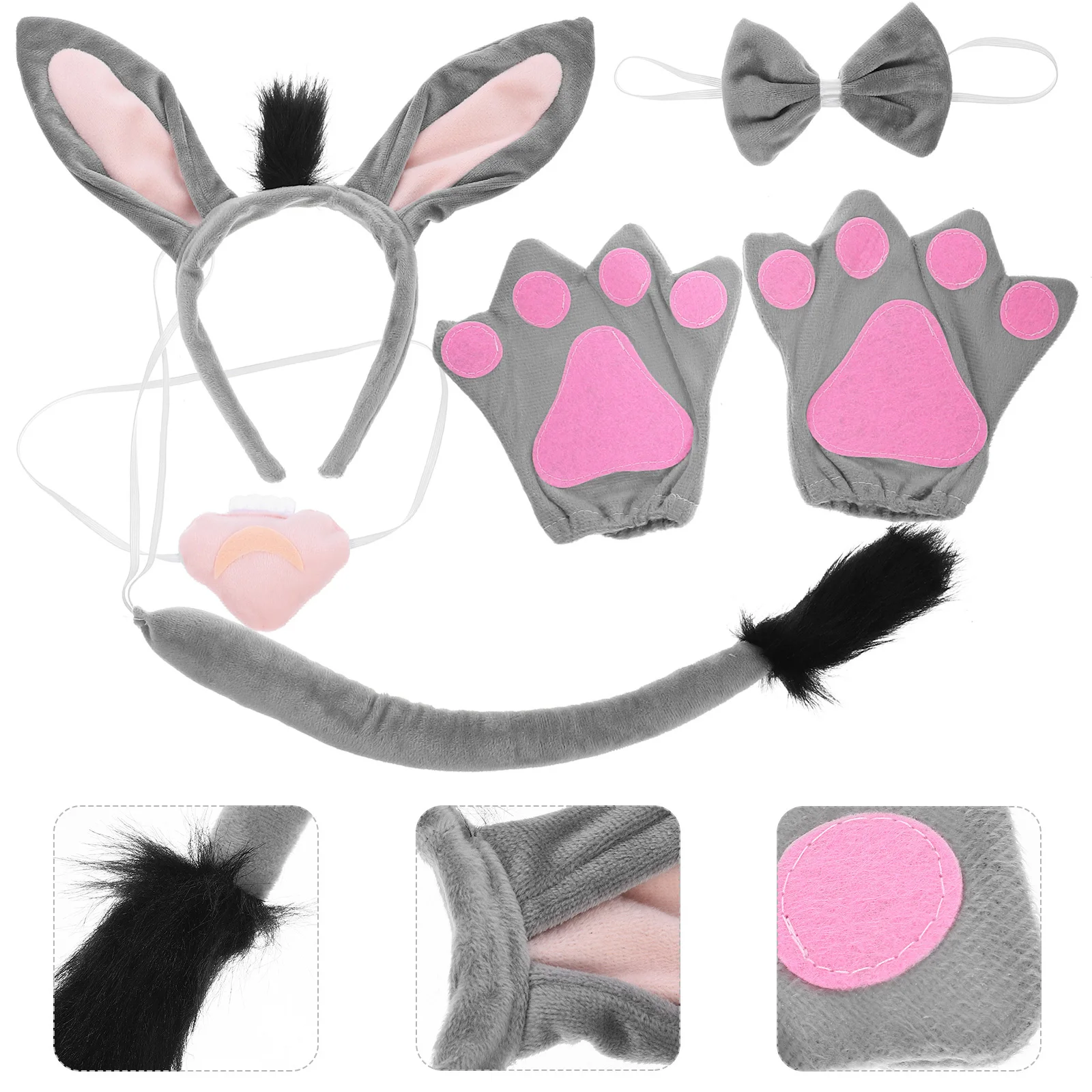 1Set Donkey Headband Costume Accessories Animal Ears Tail Bowtie Gloves Party Cosplay Set Donkey Costume Animal Ear Headband
