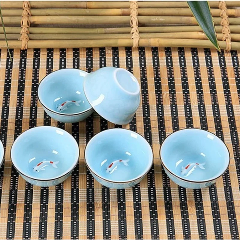 40ml Celadon Chinese Kungfu Tea Cups Green/ Blue Embossed Carp Goldfish Teacup Small Fish Creative Ceramic Tasting Cup 6.3*3cm