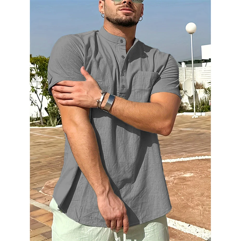 Sommer Heißer Verkauf männer T-shirt Baumwolle Leinen Henley Neck Casual Atmungsaktive Leichte Einfarbig Tasche Taste Tops – Detail 11