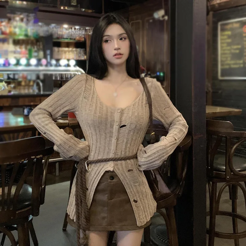 Solid Color Knitted Long Sleeves Cardigan Women's Sweater Hole Split Slim Leisure Temperament Square Neck Spring Autumn