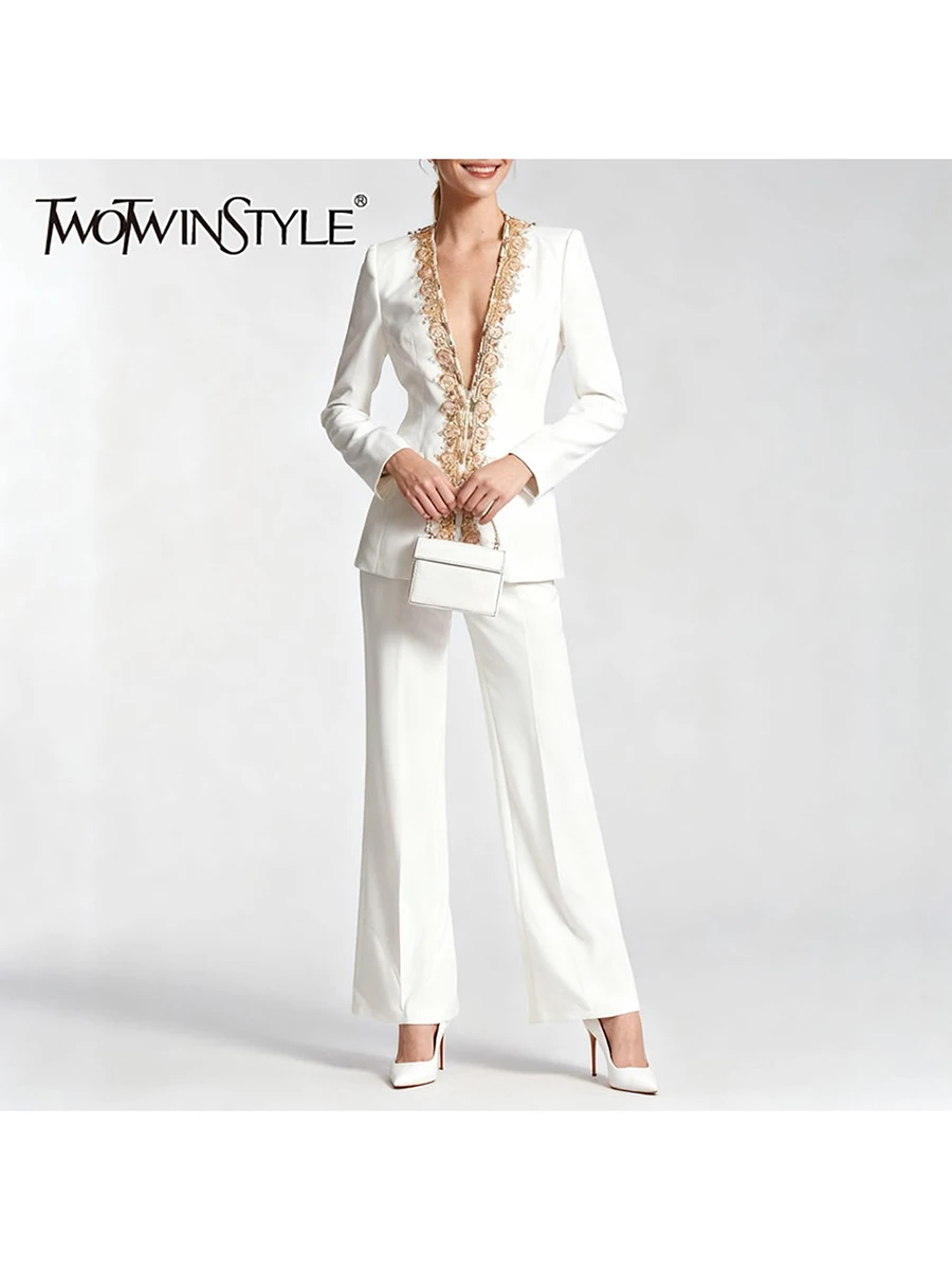 

TWOTWINSTYLE Элегантные комплекты из двух предметов для похудения для женщин с v-образным вырезом и длинными рукавами, блейзер с бисером, комплект брюк с высокой талией, женский новый