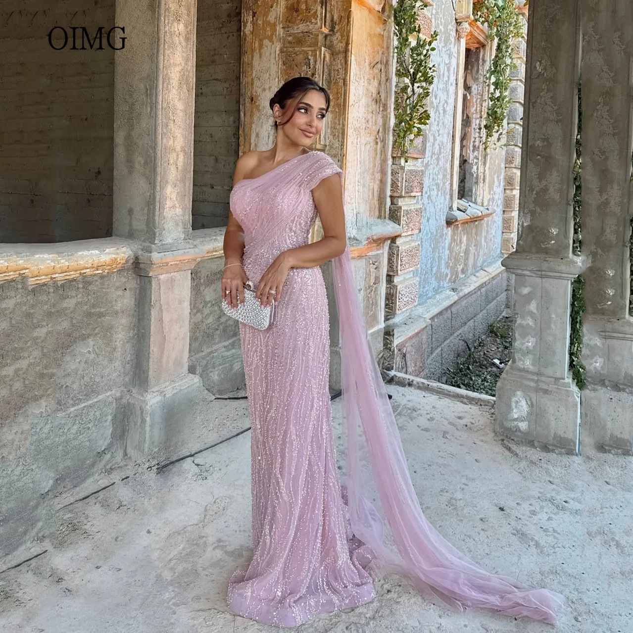 

OIMG Graceful Pink Mermaid Prom Gowns One Shoulder Sequined Party Gown Floor Length Evening Dress vestidos de gala Customized