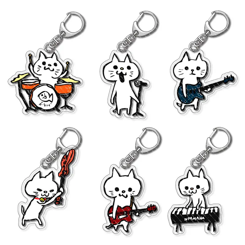 Chibi Cat Rock Band Keychain Clear Acrylic Key Chain Pendant Accessories Cartoon Key Ring