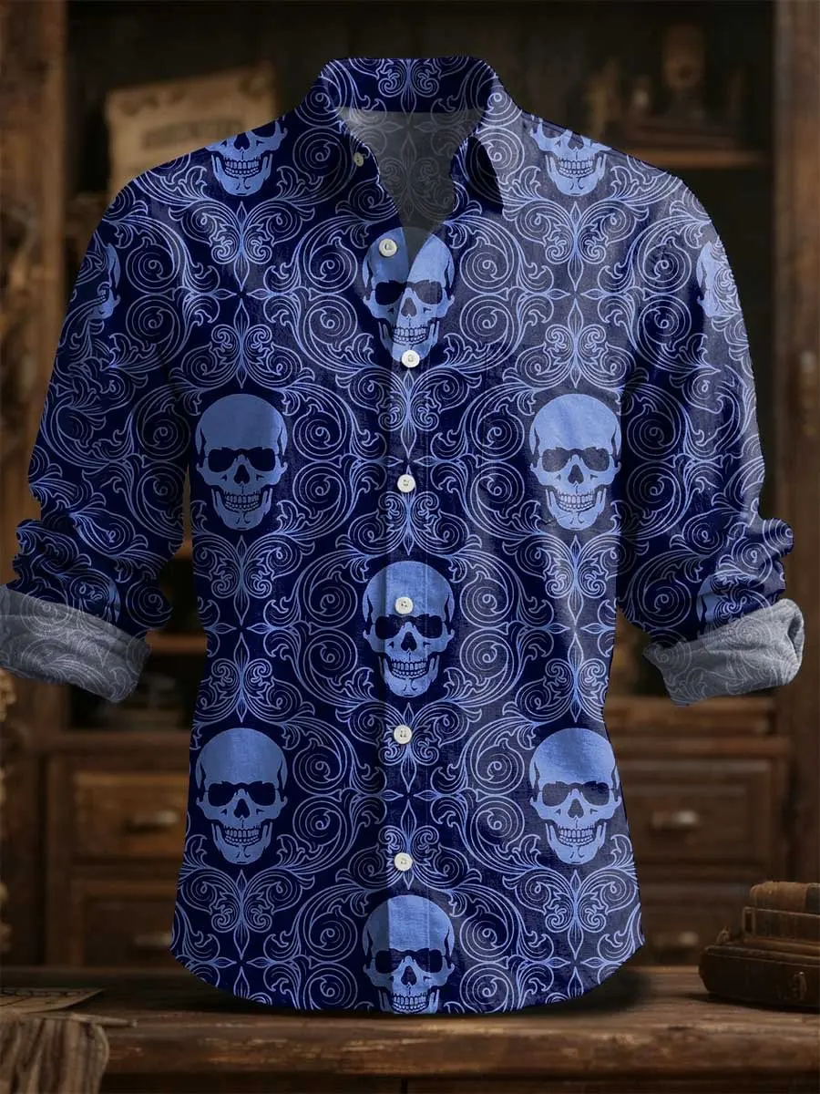 

2025 men's fashionable spring and summer casual skull print long sleeved shirt suitable for daily street wear