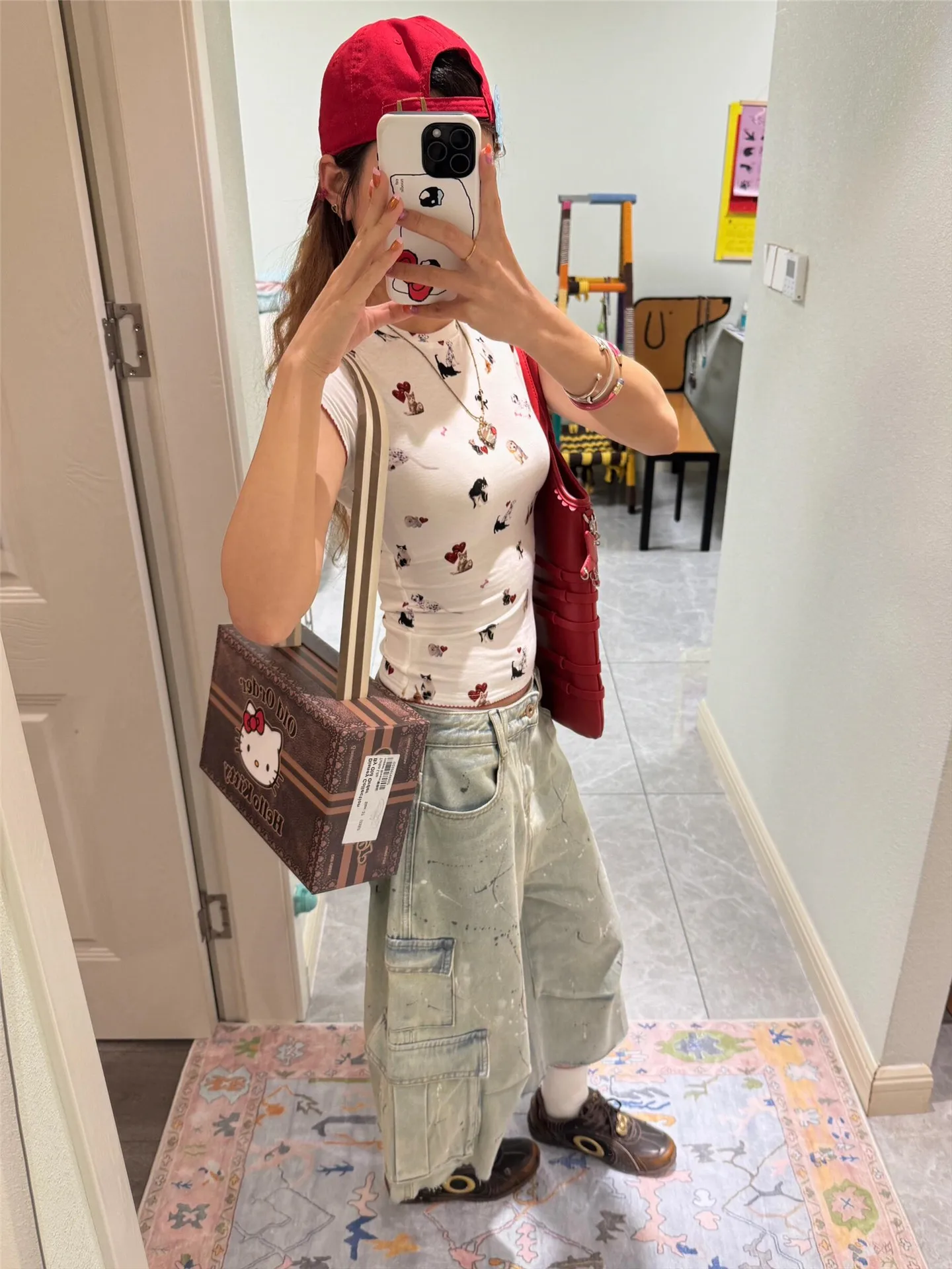 American Vintage Splashed Ink Light Blue Seven-Tenths Workwear Jeans Women Summer Loose Slimming Frayed Mid-Length Pants