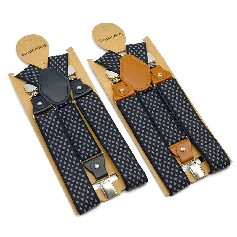 Bretelles élastiques à carreaux de type Y réglables pour hommes, bretelles pour adultes, style britannique rétro, accessoires de fête de mariage, 3.5cm, 3 clips