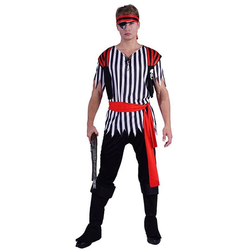 Stripe Men Halloween One-eyed Robber Costumes Adult Skull Pirate Cosplay Carnival Purim Role Play Show Nightclub Bar Party Dress