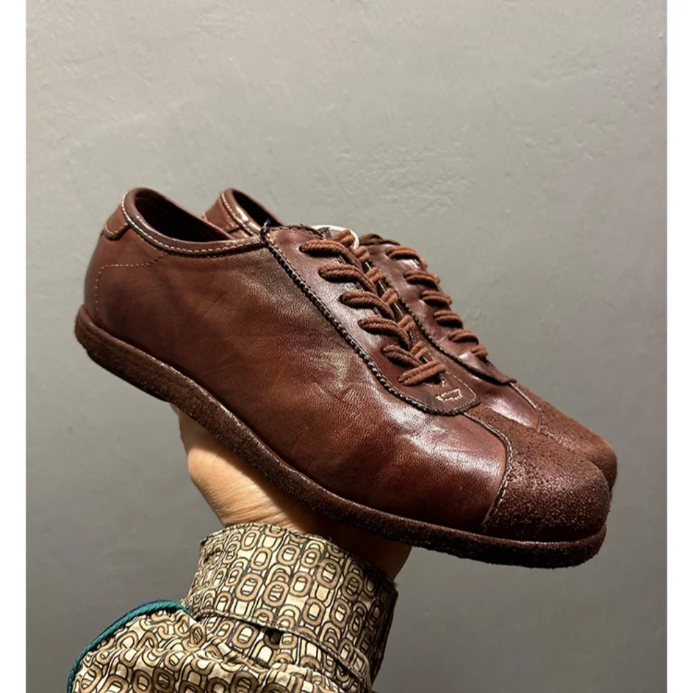 Men's Retro Distressed Leather Training Shoes Casual Breathable Handmade Thin Sole Lightweight Footwear