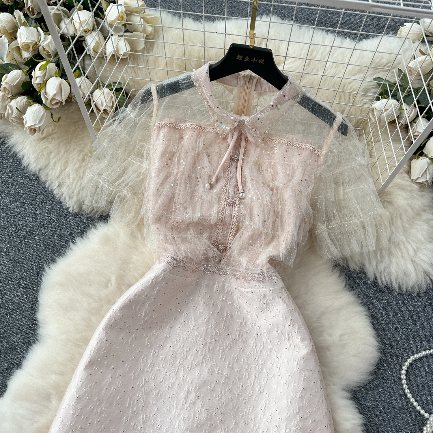 E Vestido de Noche con Lentejuelas Brillantes, Bordado, Cintura Alta, Corte en A, Pedrería, Estilo Coreano, Manga Corta