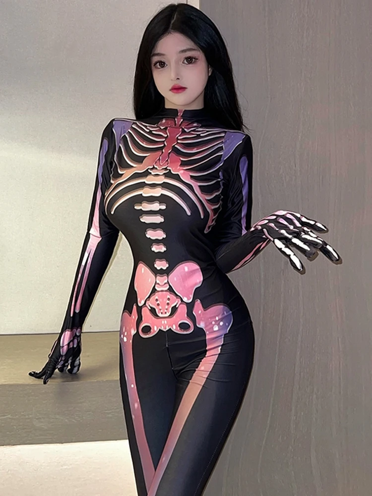

Faionable Skeleton Print Onesie loween Cosplay Role-plang Costume Women's Long Pants Low Waist Commute Sle Clothing