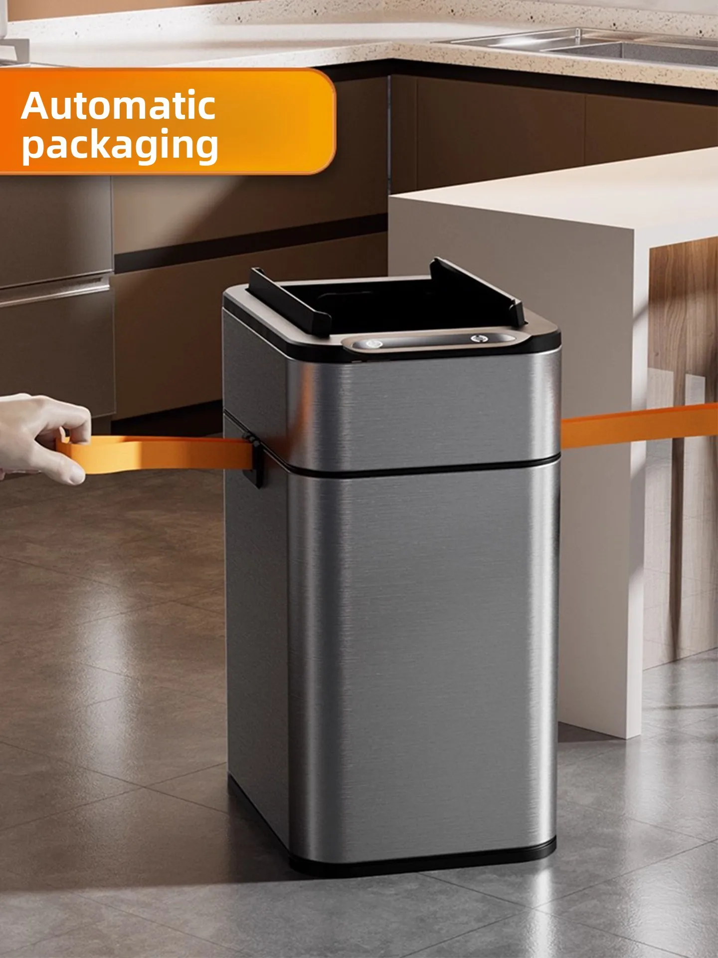 

Smart sensor trash can for home use with lid for kitchen living room bathroom toilet automatically packs trash. Stainless steel.