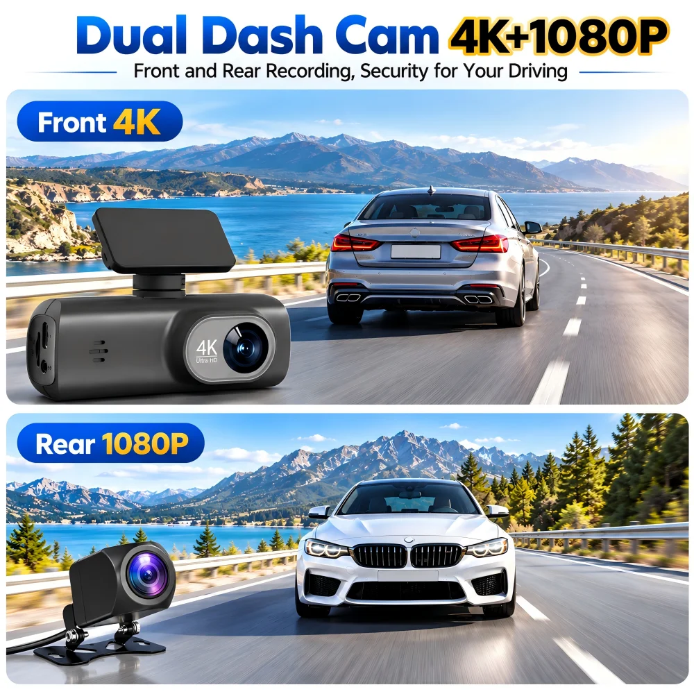 4K Dash Cam Vehicle Camera, WiFi Dual Lens Car DVR 1080P Rear Camera GPS 24H Parking Monitoring Black Box Driving Recorder