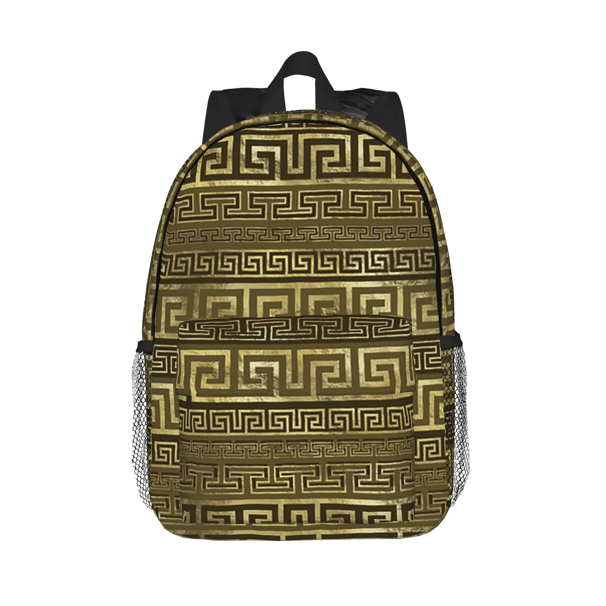 Greek Keys Meander Gold On Black Backpack Hot Sale Daypack Boys Girls BookBag Shoulder Bags for Men Women School Bag