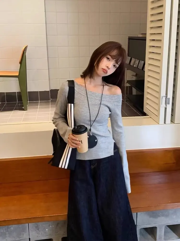 Grey off-the-shoulder Knit for Women 2024 Autumn Slim Long-sleeved Top for Female Sexy Babes Pure Desire Sweater for Ladies