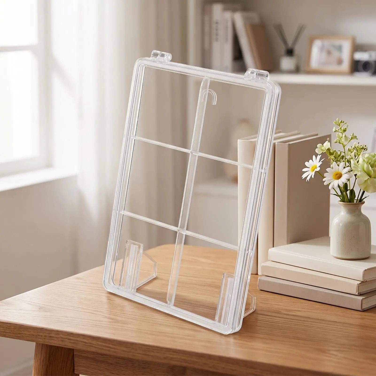 Six Compartment Clear Display Stand for Collectible Pins Badges Polystyrene Tabletop Showcase Case with Sturdy Base for Anime