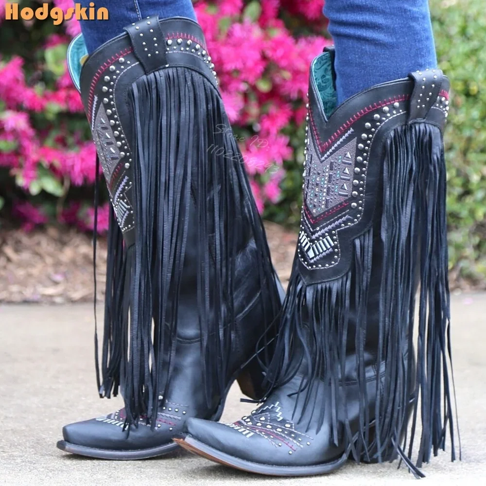 

Fringe Pointed Toe Boots Retro Solid Square Heel Mid-calf Boots Bohemian Slip-on 2025 Autumn Women New Casual Shoes Ethnic Style