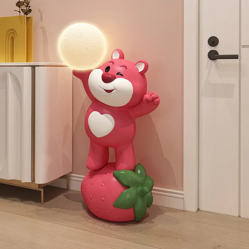 Cute Love Bear Figurines Floor-to-ceiling Ornament Modern Animal Groot Sculptures Aesthetic Room Decorations with LED Moonlight