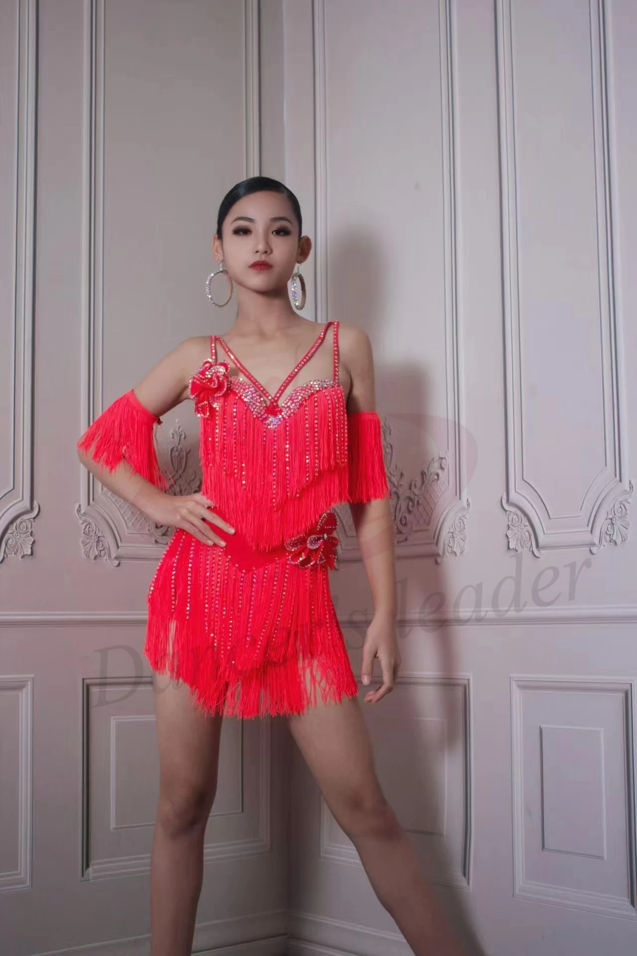 Latin Dance Costume Rhinestone Women High-end Custom Red Flower Accessories Tassel Suspender Samba Performance Dress