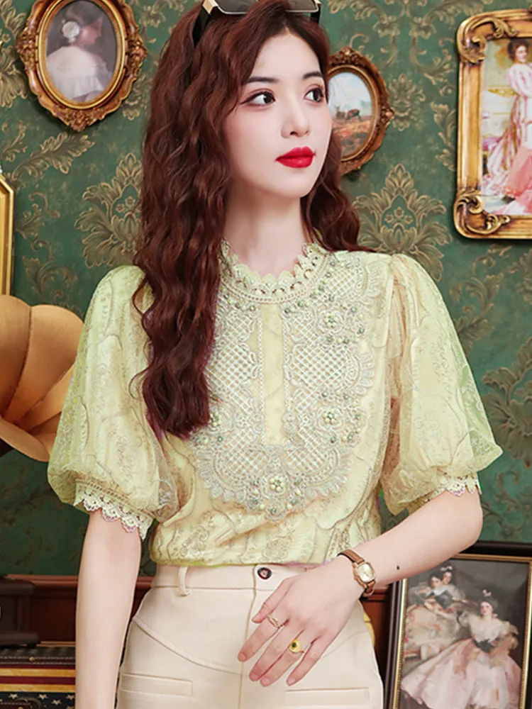 SMTHMA New Fashion Temperament Lace Spliced Beaded Shirt For Women Short Sleeve Elegant Tops Female Clothing