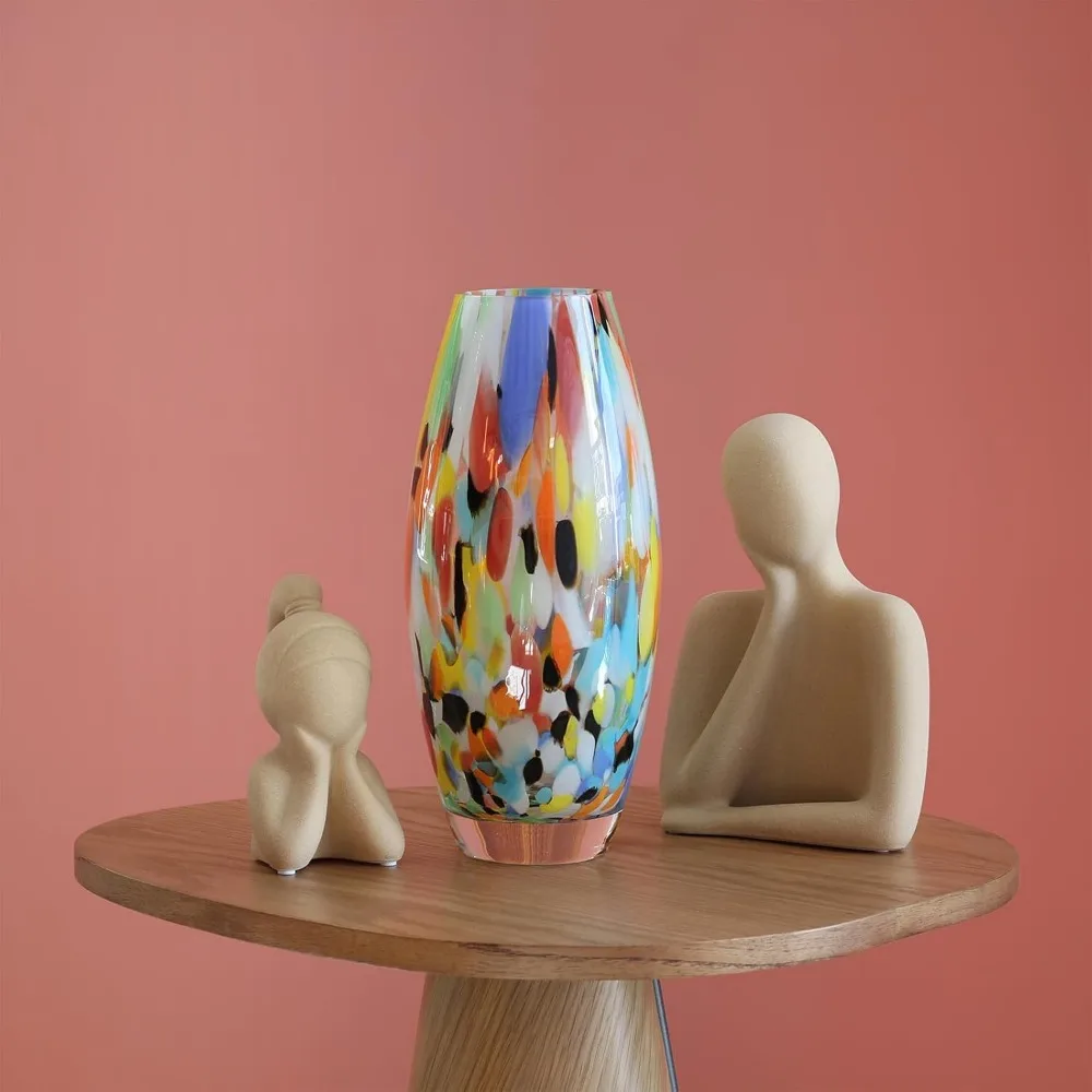 Colorful glass vase with confetti effect, hand blown Murano style art glass, used for flowers and room decoration