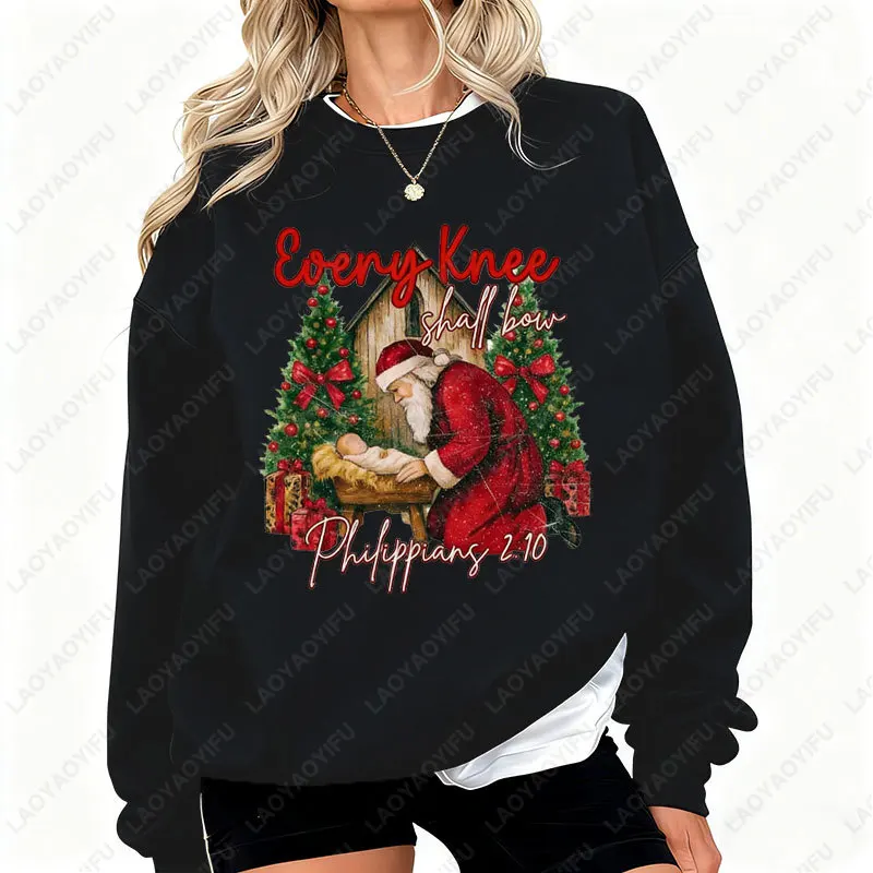عيد الميلاد كل الركبة يجب أن يكون القوس البلوز مشهد المهد Crewneck البلوفرات الدينية عيد الميلاد Preppy الكتاب المقدس الآية سانتا هوديي #3