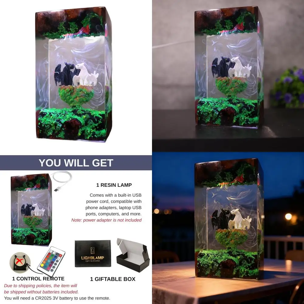 

USB-Powered LED Dragon Night Light: 16 Color Resin Art Desk Lamp with Wooden Base & Remote Control, Handcrafted Gift for Holiday