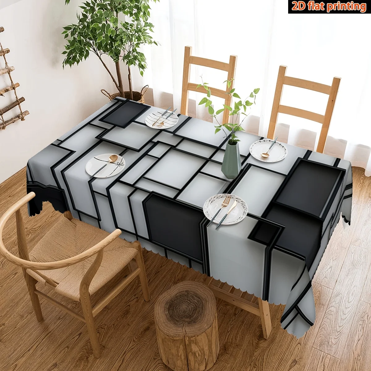 JIT, 1pc 2D Flat Modern Elegant Gray/White Geometric Pattern Rectangular Tableclothzyc