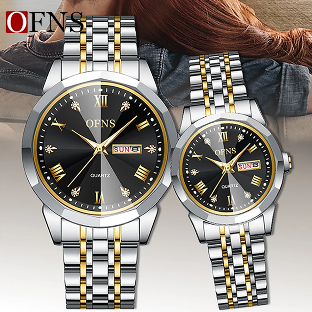 OFNS-reloj de cuarzo de acero inoxidable para hombre y mujer, accesorio de marca de lujo, resistente al agua, luminoso, para amantes de la moda