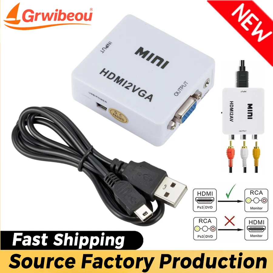 Grwibeou HD 1080P Adaptador convertidor compatible con HDMI a VGA con Audio para Notebook Xbox360 DVD PS3 PC HD 1080P TV Box Proyector