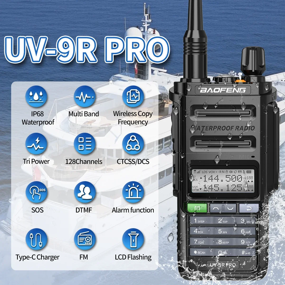 BaoFeng UV-9R PRO Multi Band Walkie Talkie IP68 Waterproof Wireless Copy Frequency Tri Power Type-C DTMF Long Range Ham Radio