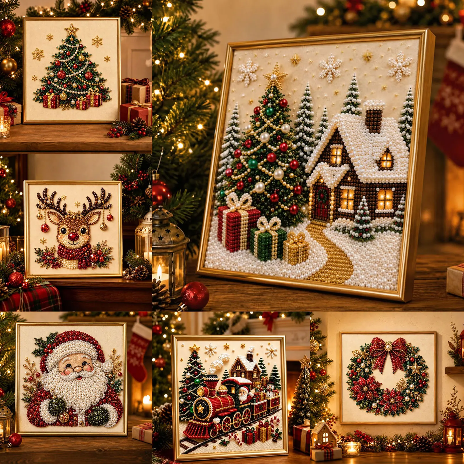 Weihnachtsperlen-Diamant-Gemälde-Kunst-Set, DIY-Handwerk, Weihnachten, Urlaub, Heimdekoration, funkelnde Perlen, 3D-visueller Effekt, kreatives Geschenk