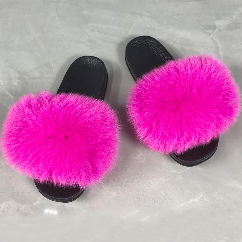 Fluffy Sliders Real fox Fur Slippers Women Home Comfort Furry Summer Flats Sweet Ladies Shoes Female Furry Indoor Flip Flops