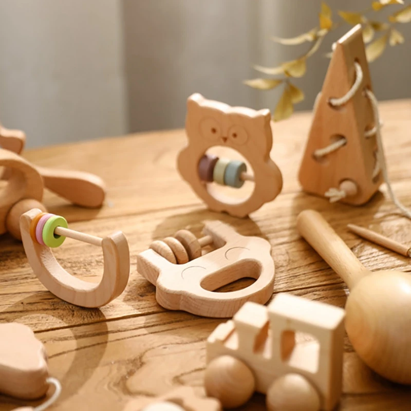 Baby Wooden Rattle Beech Bear Hand Teething Wooden Ring Rattles Play Gym Montessori Stroller Toy Set Baby Birth Vintage Box Gift