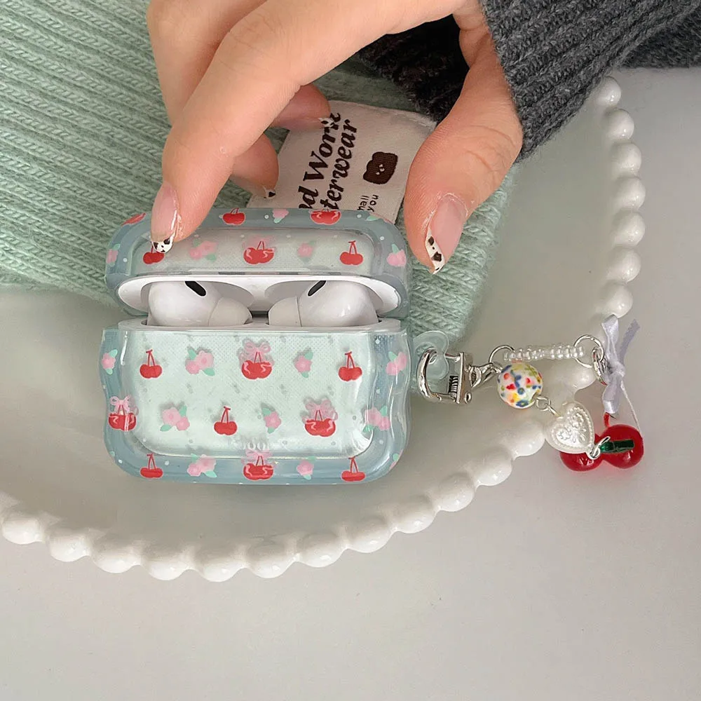 Korea INS Fresh Flower Cherry Pendant Keychain Case For Apple AirPods Pro 2nd Air Pods 4 1 3 Wavy Earphone Protective Box Cover